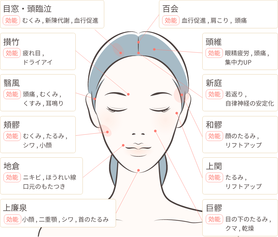 顔のツボ位置と効能を示した美容鍼イラスト